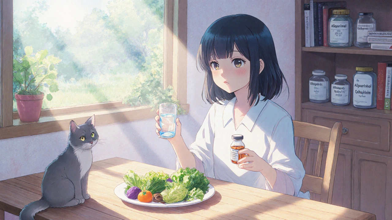 A calm kitchen garden scene shows a person drinking water, eating vegetables, and holding gout medication.
