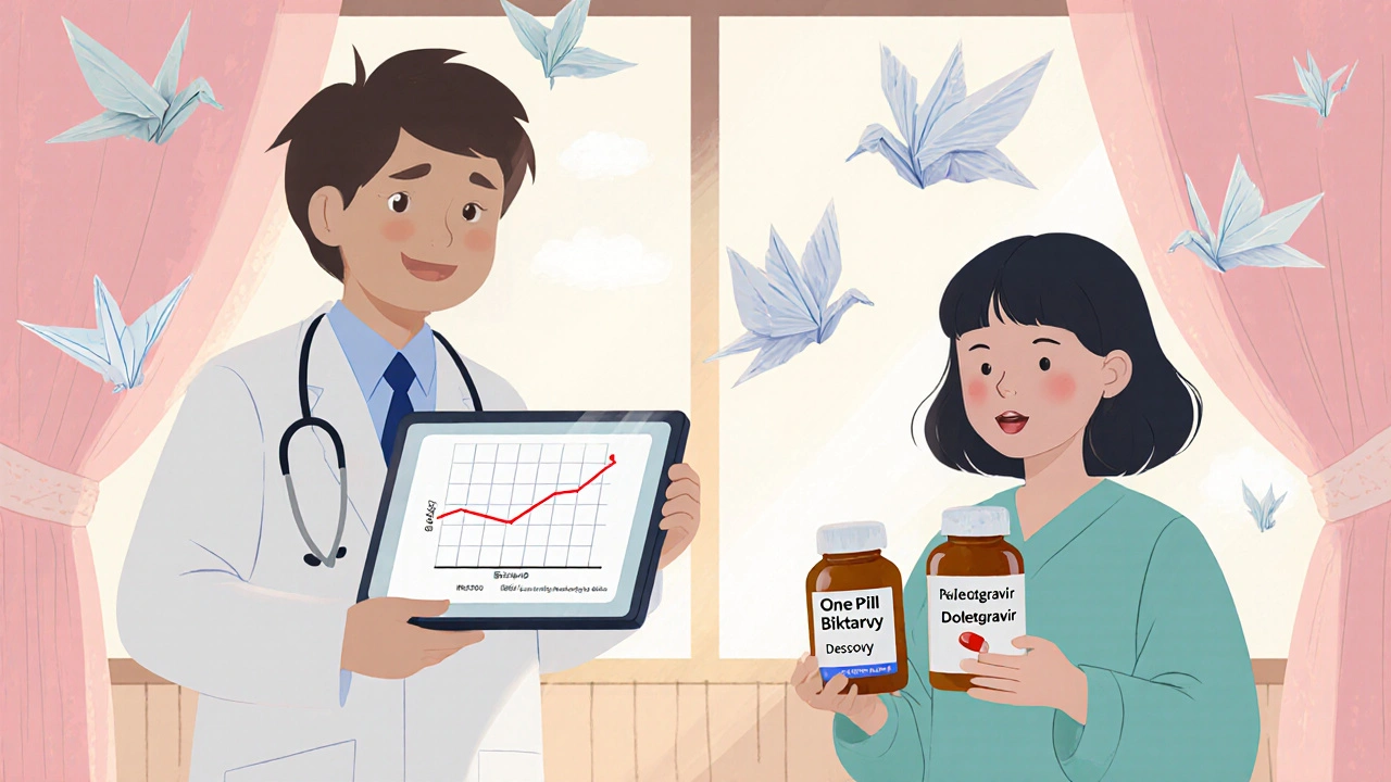 A doctor and patient in a clinic comparing one-pill and two-pill HIV treatments, with paper cranes symbolizing options.