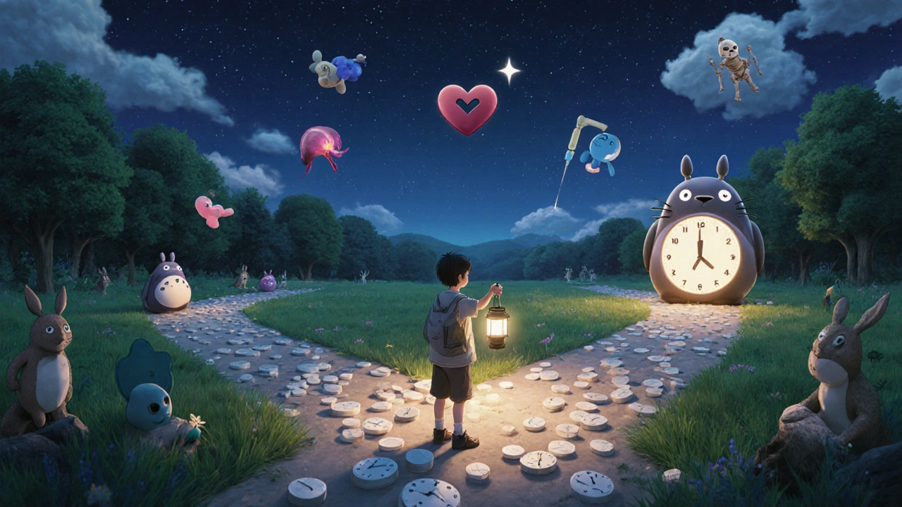 A traveler at a crossroads choosing between different HIV treatment paths, surrounded by symbolic health elements.