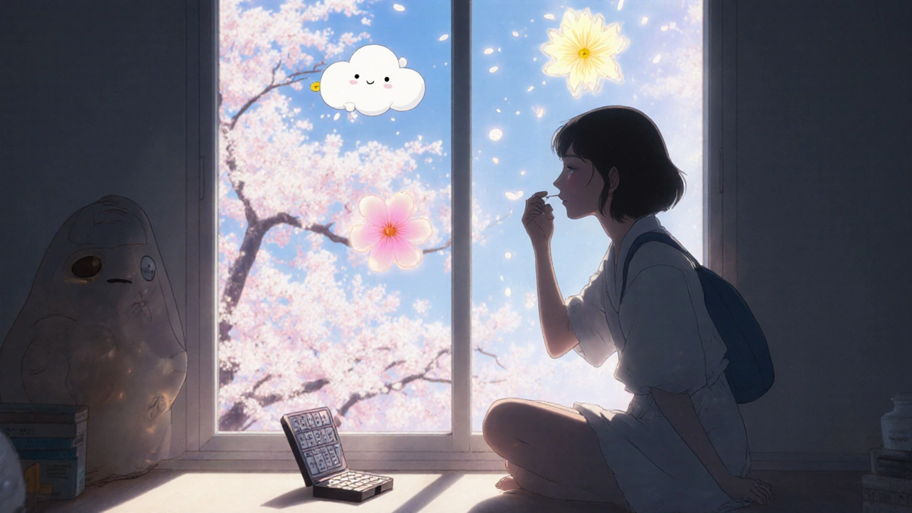 A woman takes her pill at dawn, surrounded by gentle spirits representing side effects fading away.