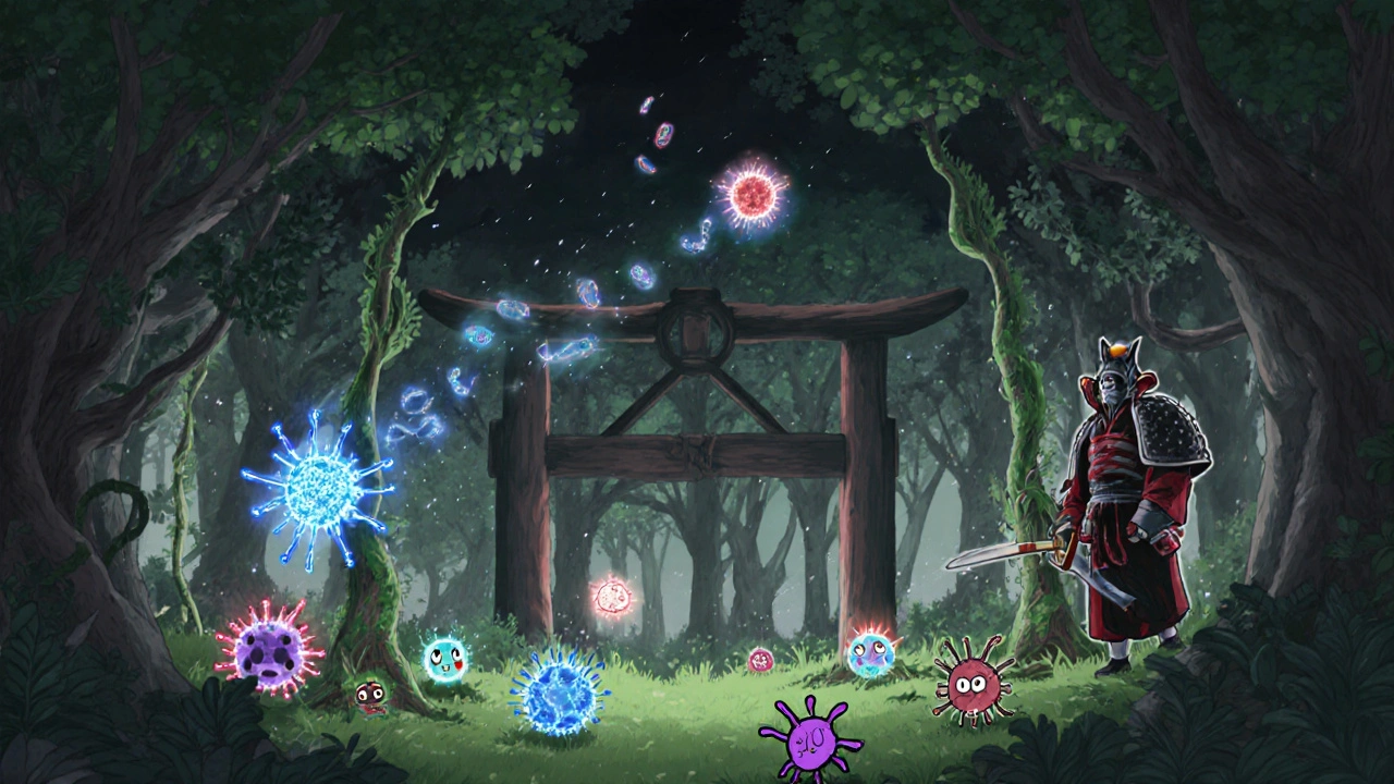 Animated gut forest showing leaky junctions, microbes, and immune cells releasing cytokines.