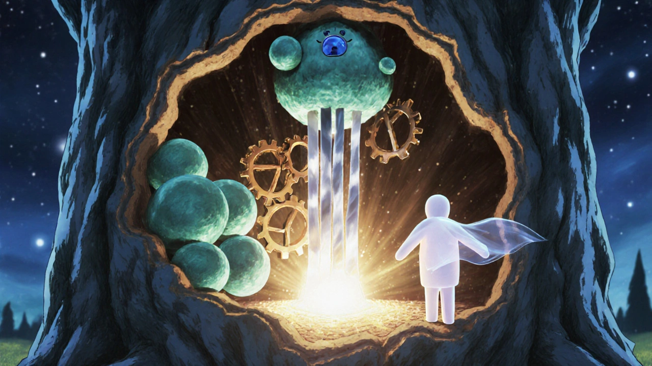 Cellular scene showing cytokine binding, JAK gears, and Baricitinib halting the pathway.