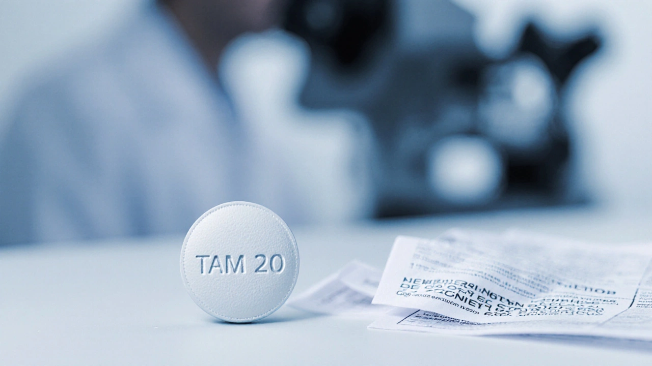 Close‑up of a 20 mg tamoxifen tablet with imprint, beside a lab Certificate of Analysis.