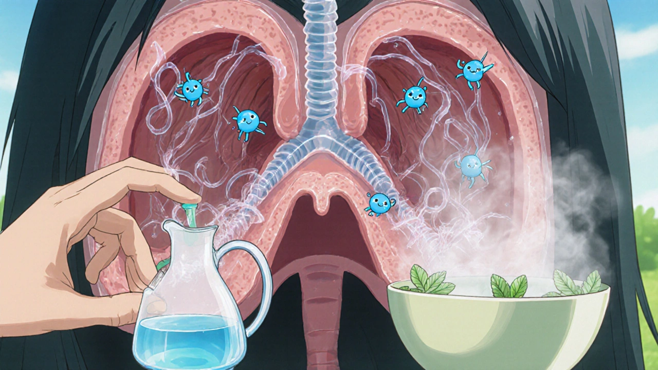 Close‑up of bromhexine sprites cutting mucus fibers, with neti‑pot and steam bowl nearby.