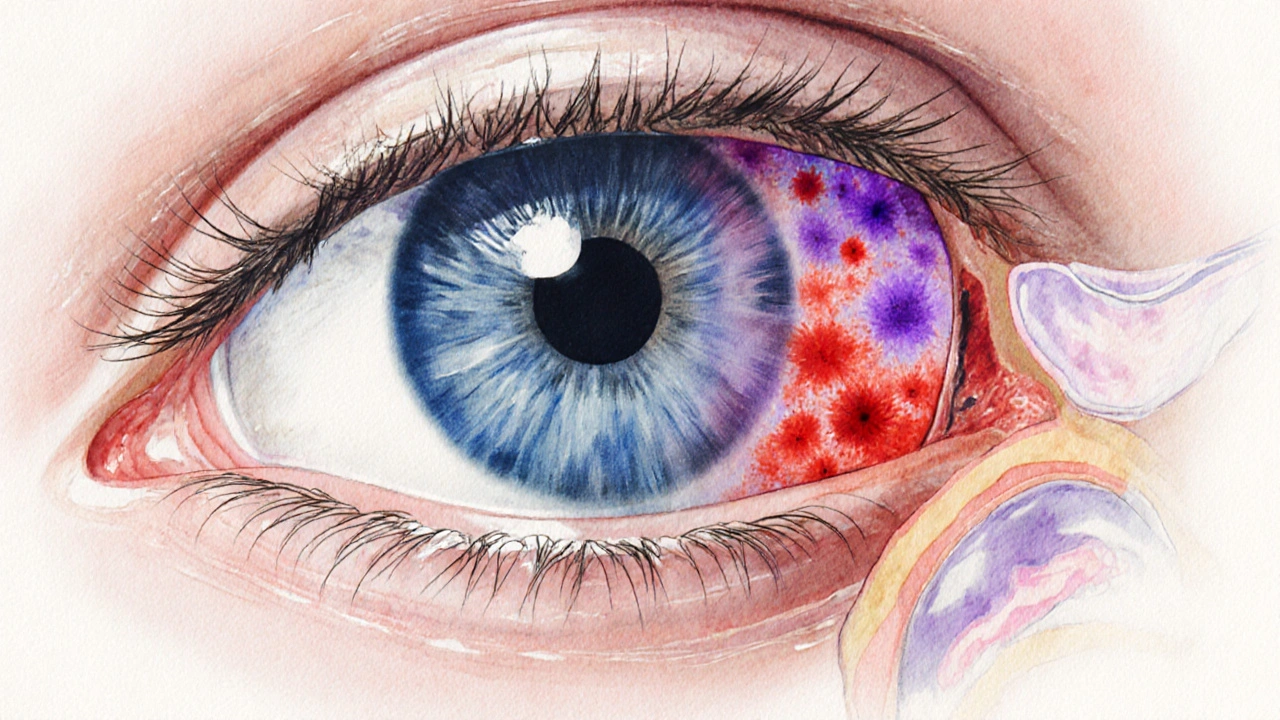 Cross-section illustration of an eye highlighting tumors in the retina, uvea and conjunctiva.