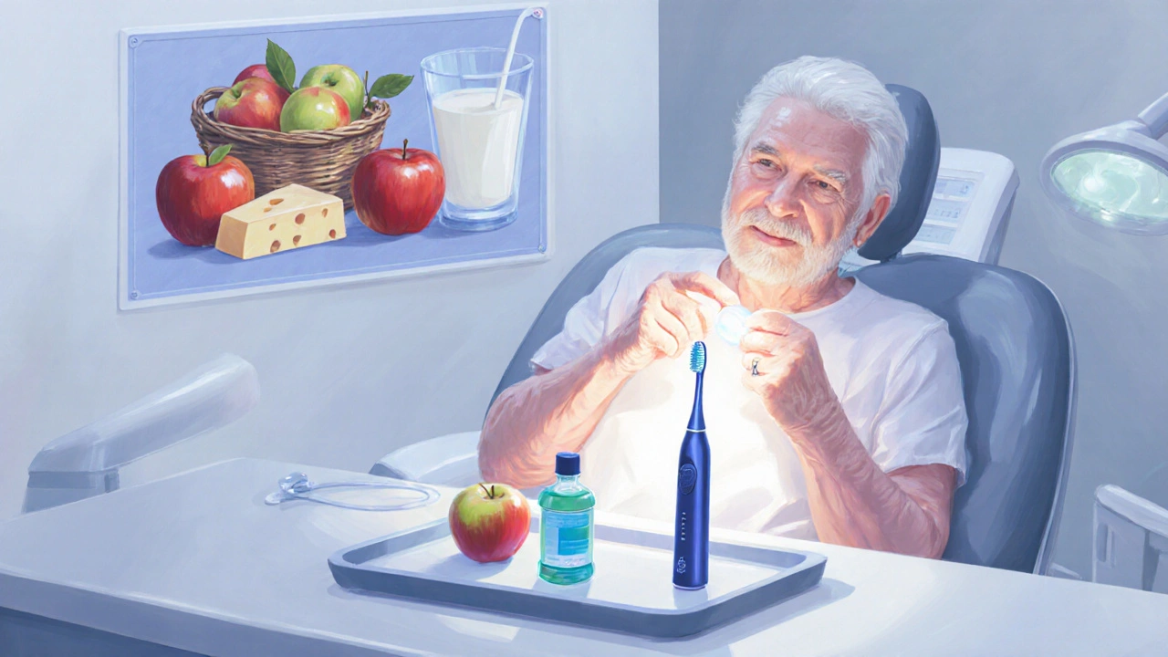 Dentist examining an elderly patient's gums with oral‑care tools and healthy foods nearby.