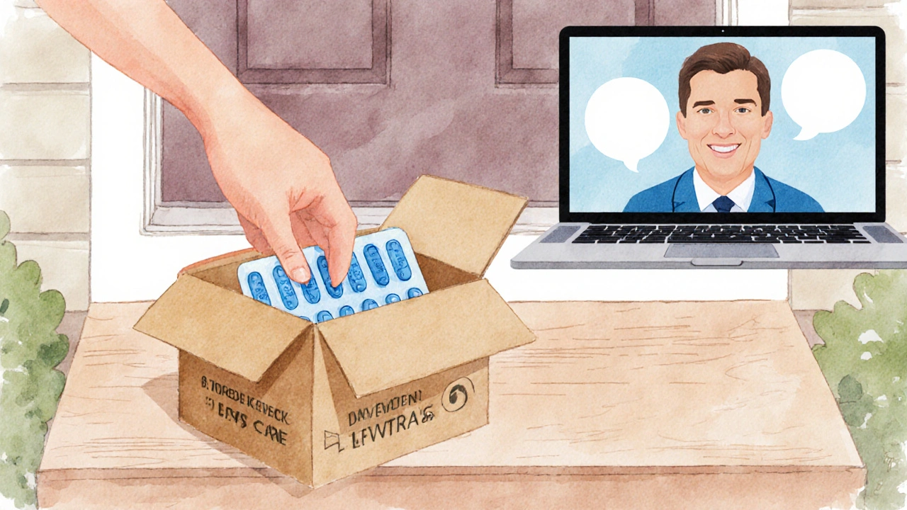 Discreet delivery box opened to reveal tablets, with a doctor video call shown.