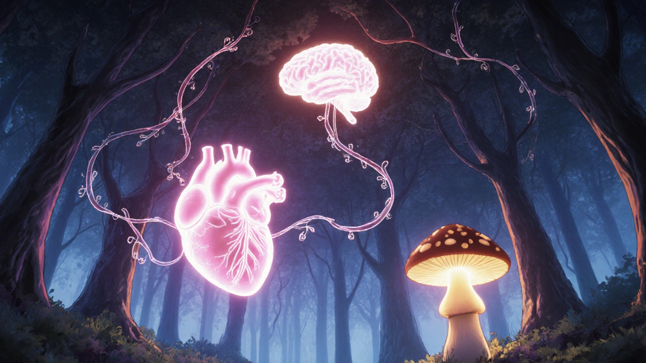 Fantasy body interior shows glowing nerves connecting heart and brain with luminous brain regions.