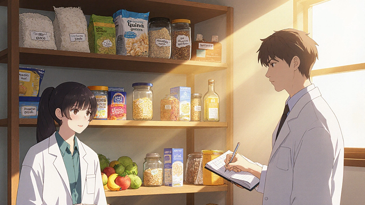 Gluten‑free pantry with healthy foods, probiotic bottle, and person tracking symptoms.
