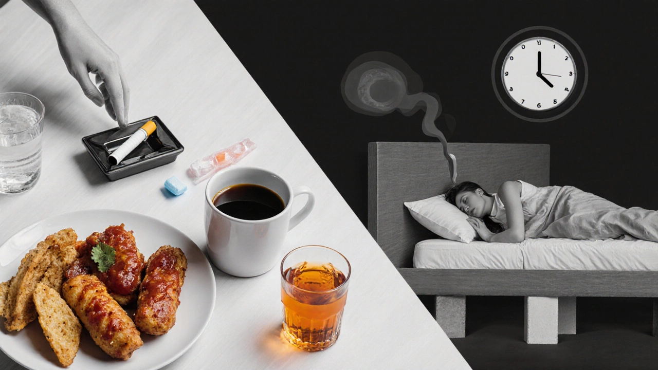 Gray-scale kitchen and bedroom scene displaying reflux triggers and lifestyle tips.