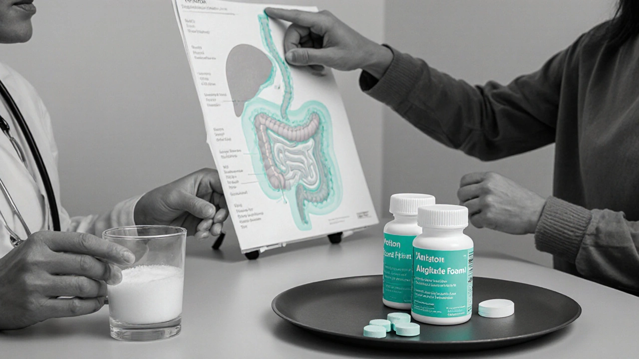 Gray-scale medical setting highlighting reflux medications and doctor advice.