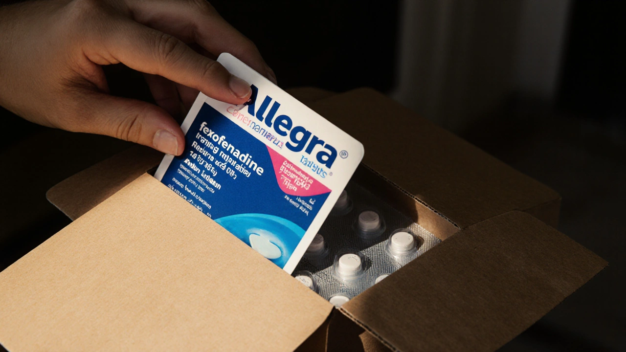 Hand inspecting delivered blister pack of generic Allegra with TGA label.