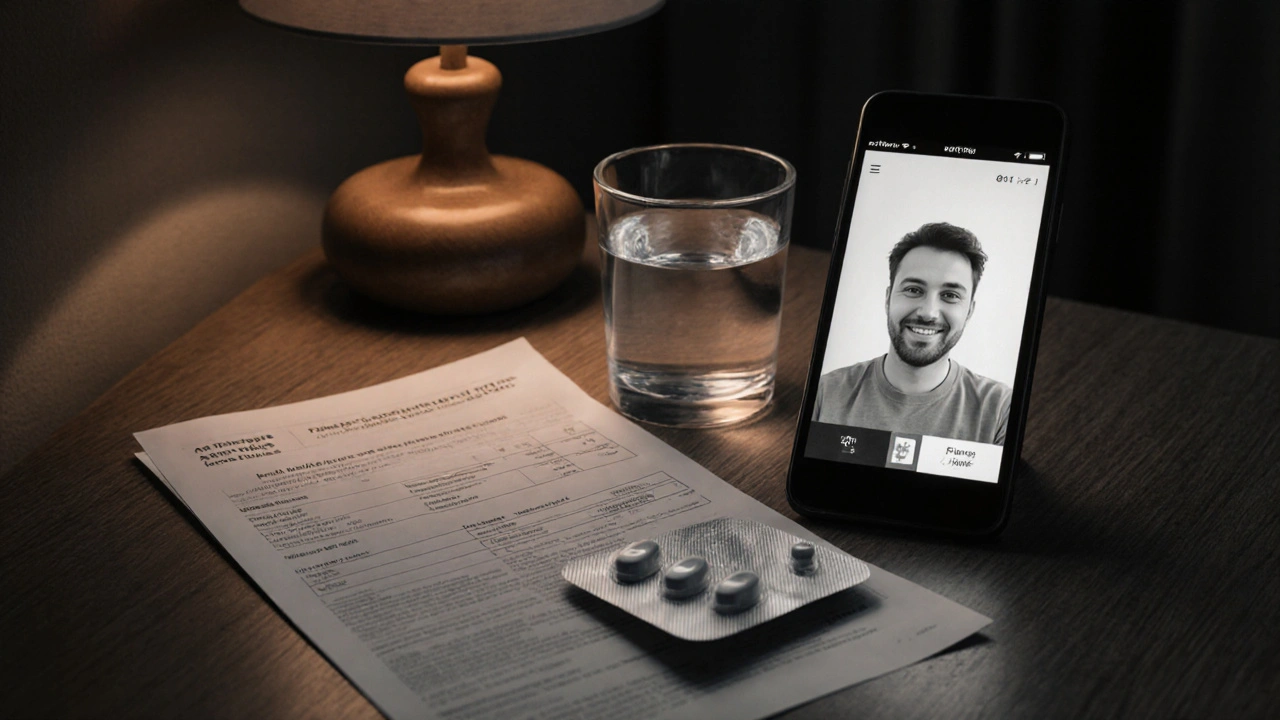 Home monitoring scene with phone call, lab report, water glass and Favipiravir pack.
