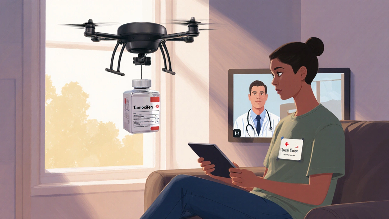 Home scene with telehealth video call and a delivery drone dropping a tamoxifen package.