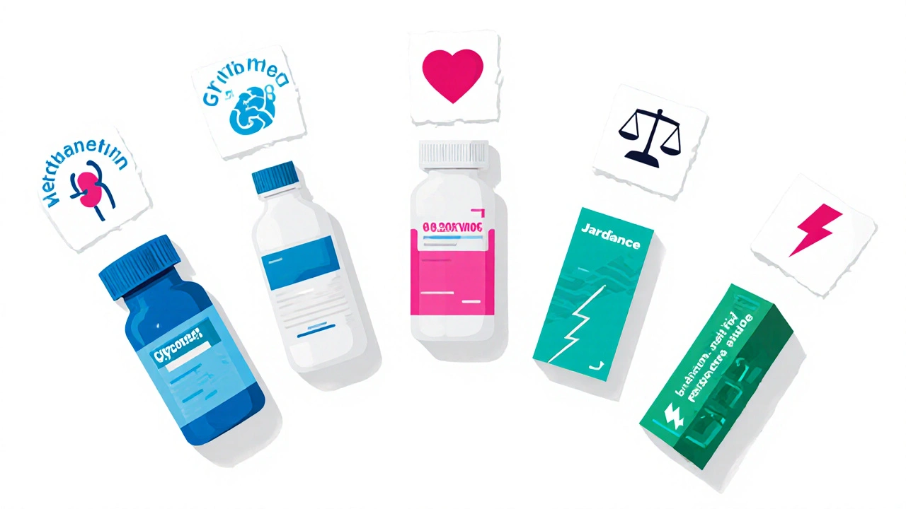 Illustrated lineup of diabetes drugs with icons for heart, weight, and kidneys.