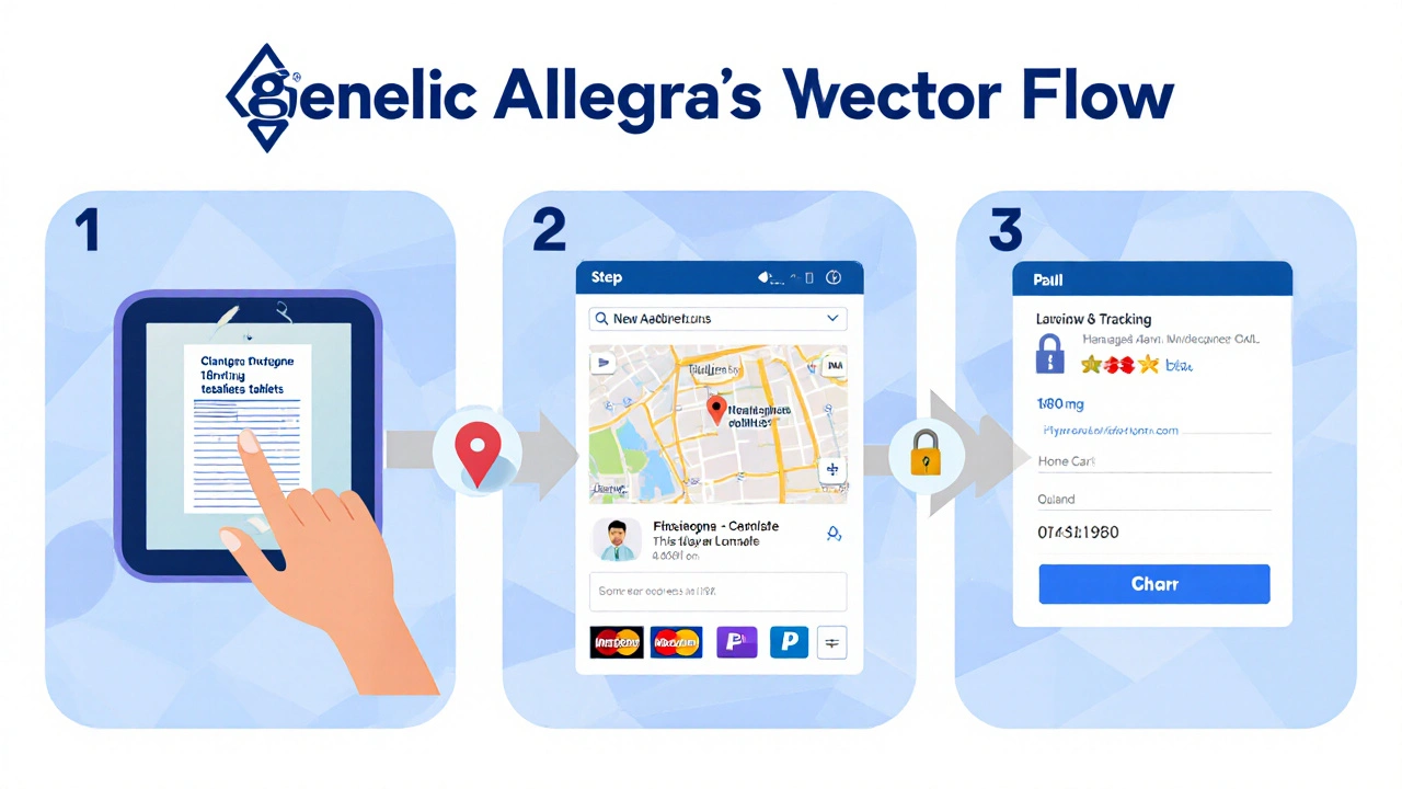 Illustrated steps: upload prescription, select dosage, enter address, pay, get tracking.