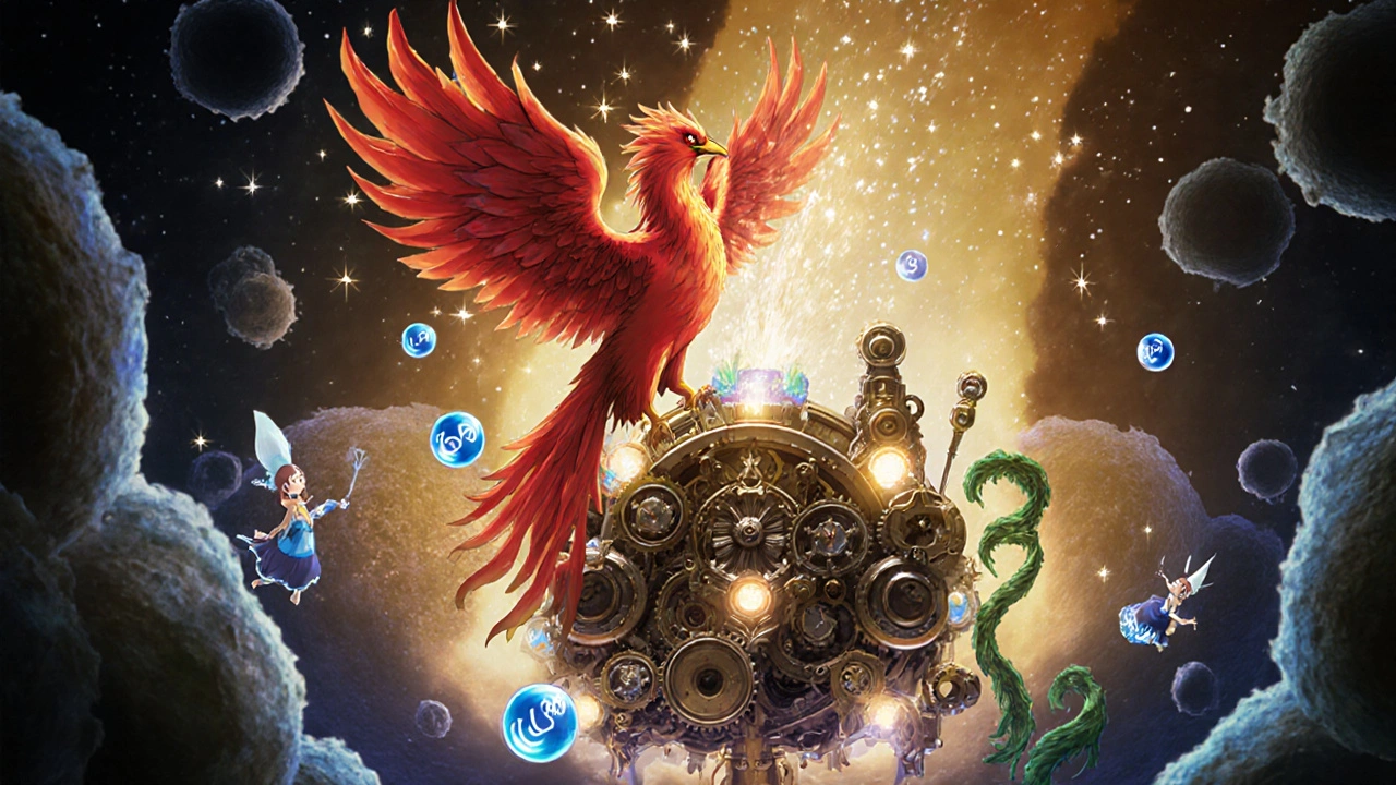 Inside a cell, a steampunk inflammasome glows while IL‑1β rises like a red phoenix.