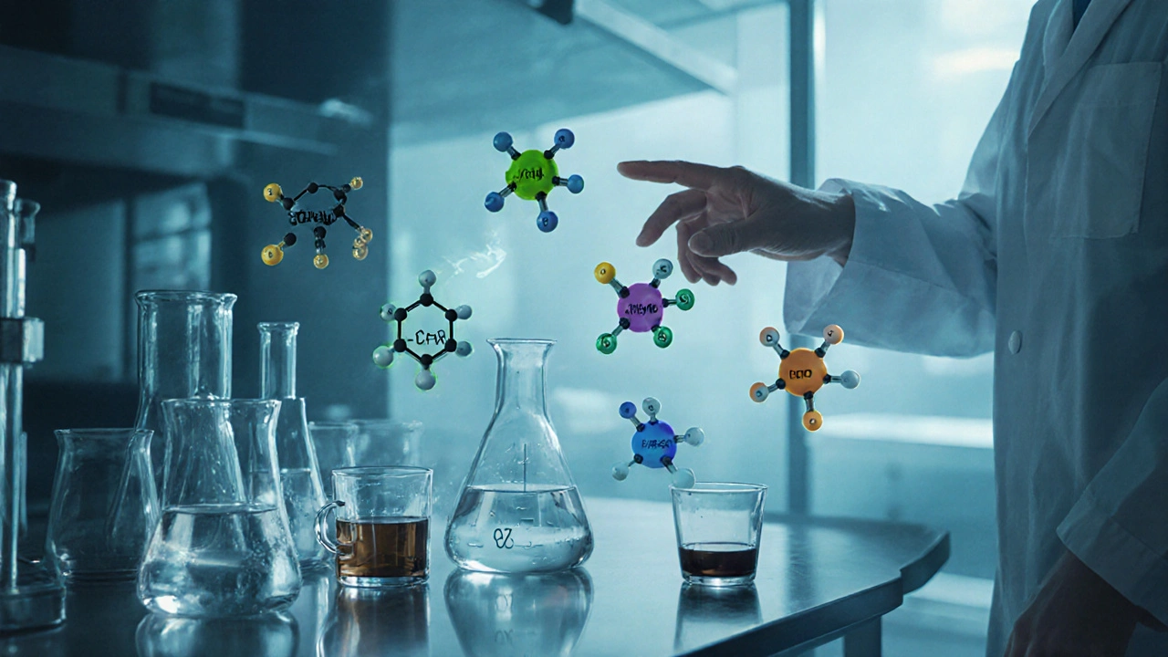 Laboratory scene showing molecular models of appetite‑suppressing compounds beside glassware.