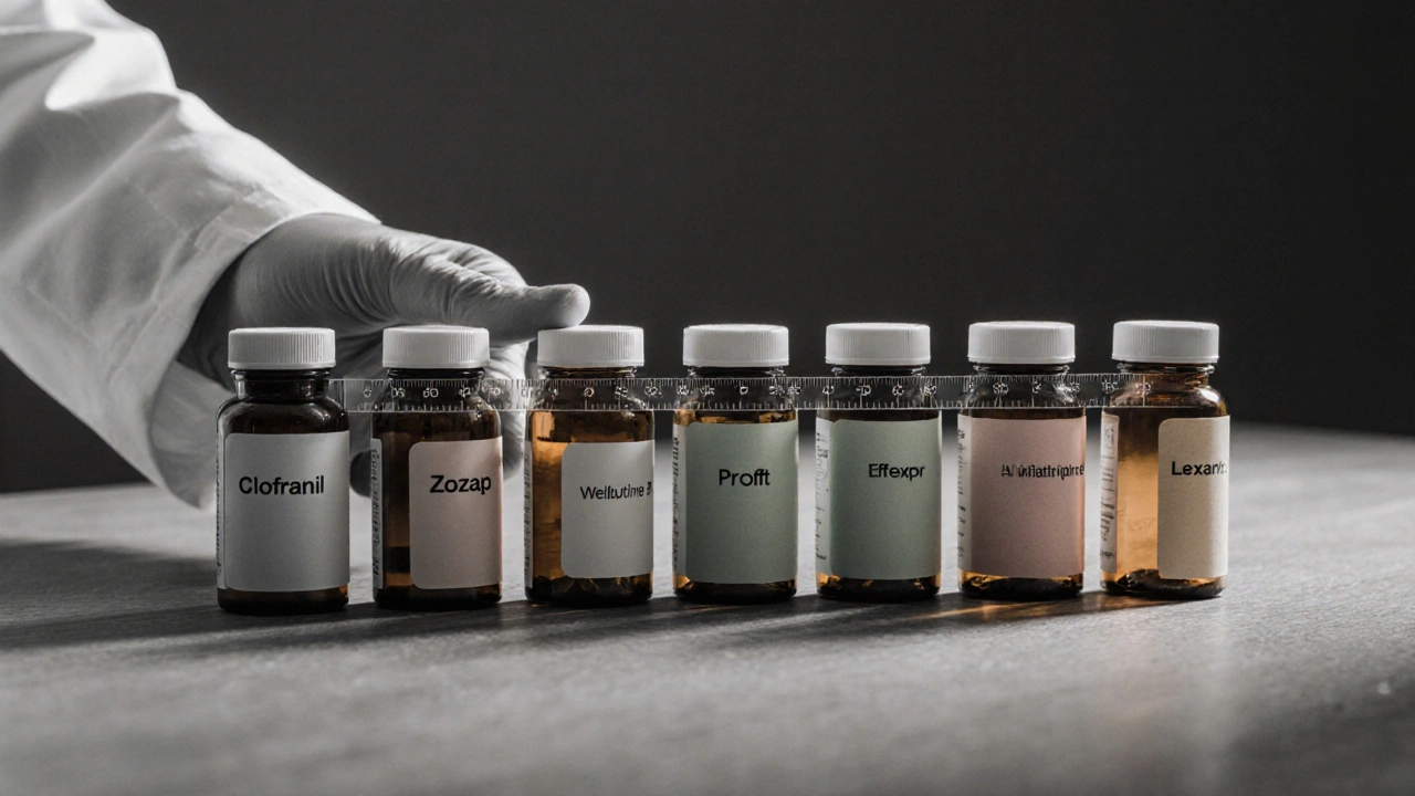 Monochrome line of various pill bottles representing different antidepressants on a wooden surface.