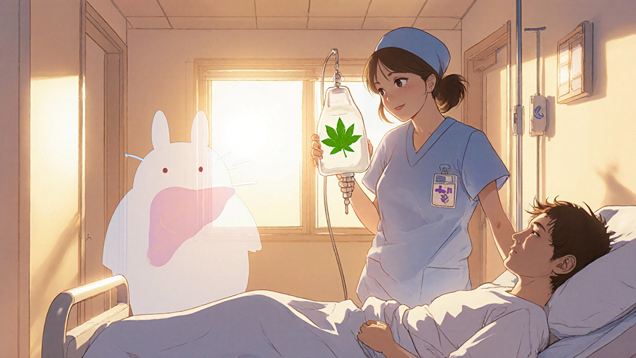 Nurse offering an IV bag to a patient in a sunrise-lit hospital hallway with a subtle liver aura.