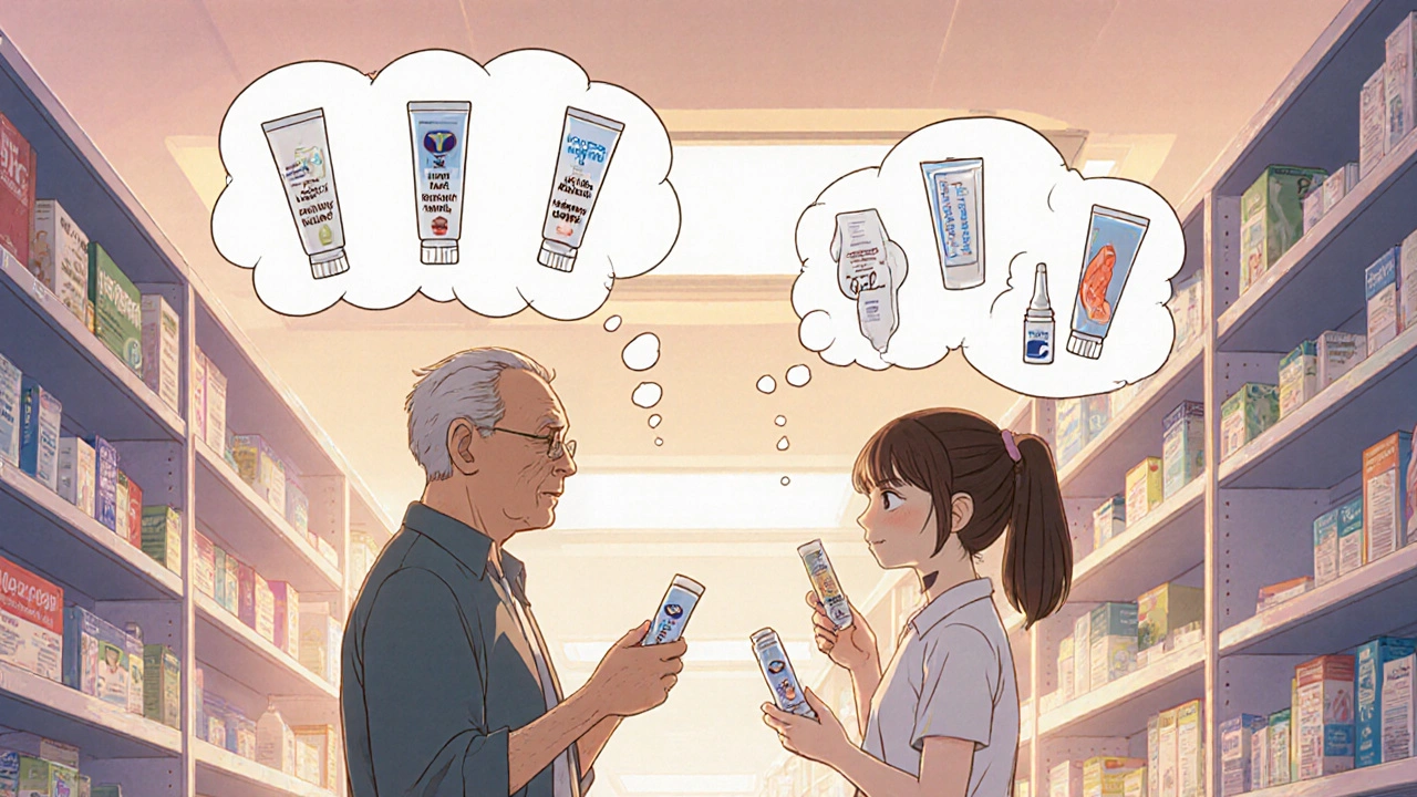 Older man and teenage girl selecting gels on a pharmacy shelf, with thought icons.