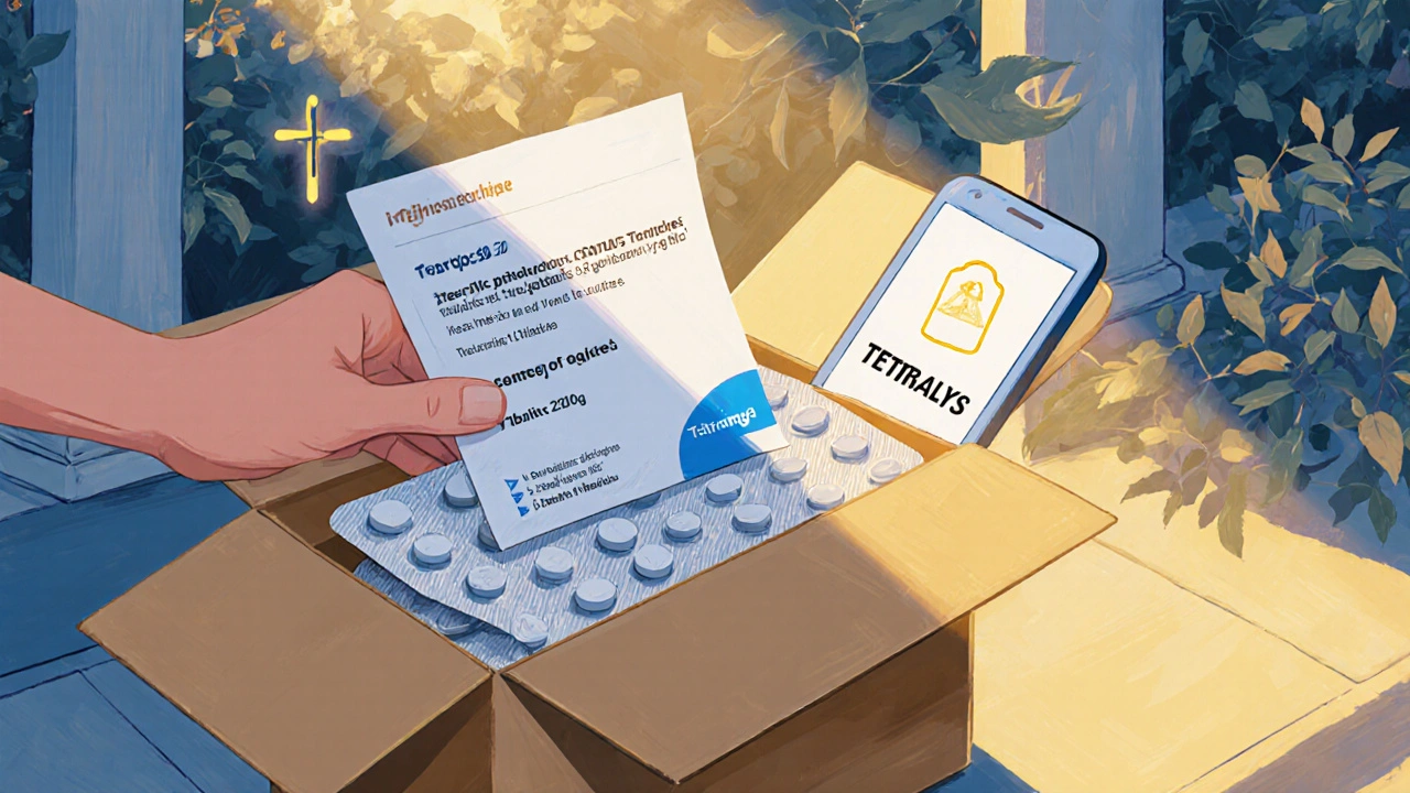 Opened delivery box revealing tetracycline tablets and phone tracking confirmation.
