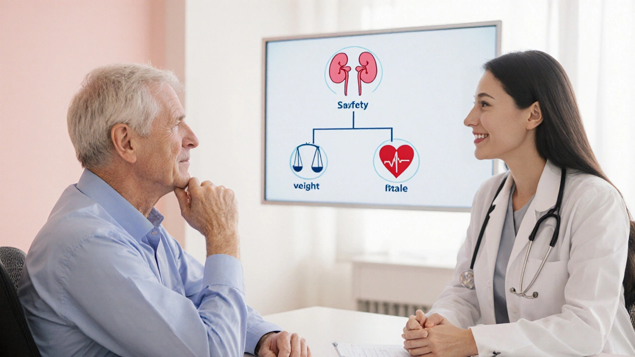 Patient and doctor discussing medication options in a bright clinic office.