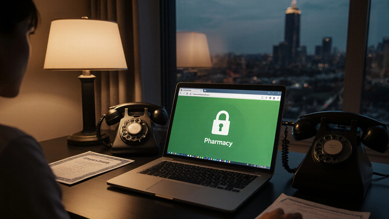 Person checking a secure website and pharmacy license on a laptop in a home office.