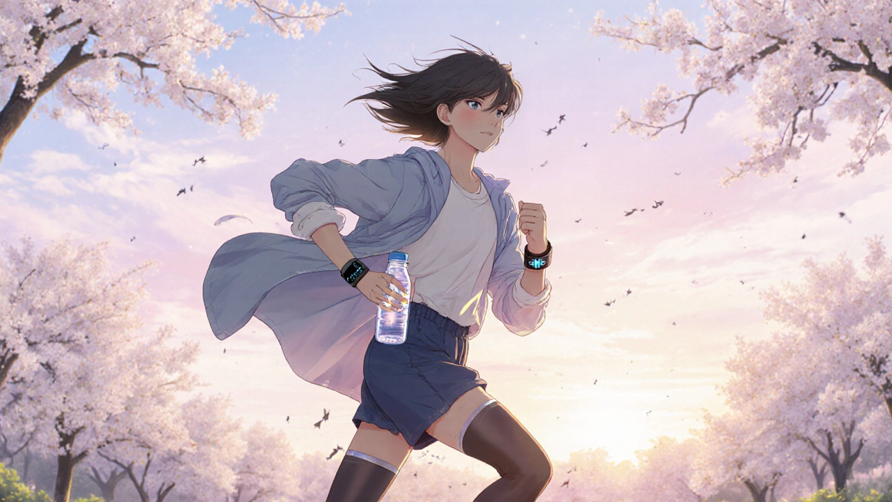 Person in park wears compression stockings, holds water bottle and smartwatch, sunrise backdrop.