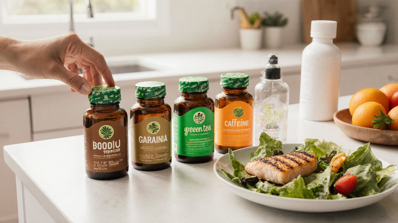 Person selecting a supplement bottle on a bright kitchen counter beside a healthy meal.