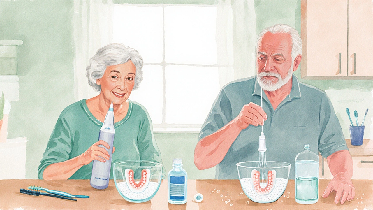Senior woman using water flosser while a man cleans dentures at a kitchen island.