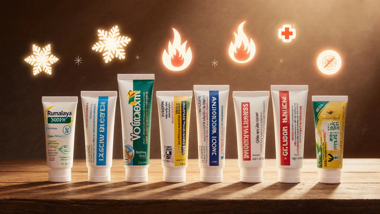Seven different pain‑relief gel tubes arranged on a wooden table with floating icons.
