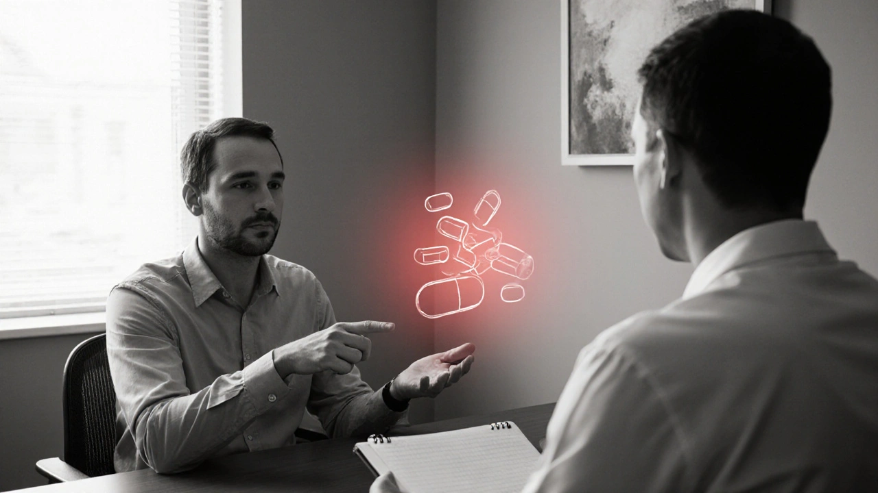 Silhouetted patient and doctor discussing medication options, with subtle colored highlights.