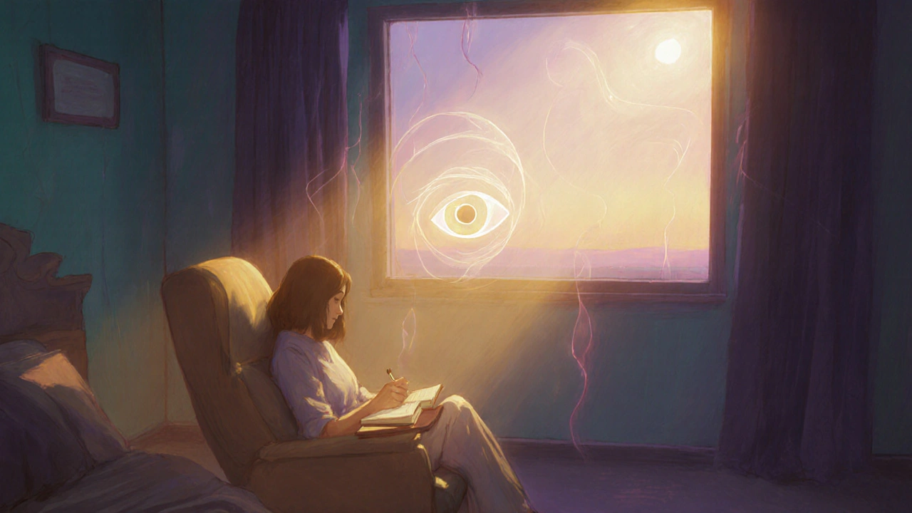 Someone writing in a gratitude journal by a window, surrounded by warm light suggesting hopeful thoughts.