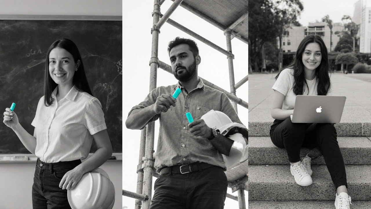 Three patients holding Favipiravir tablets in their daily environments, tinted teal.