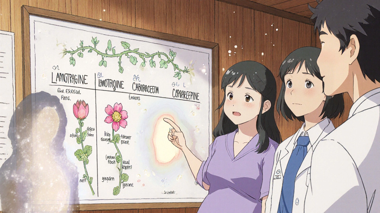 Woman in a clinic listening to doctors as they show a comparative chart of epilepsy medications with glowing floral symbols.