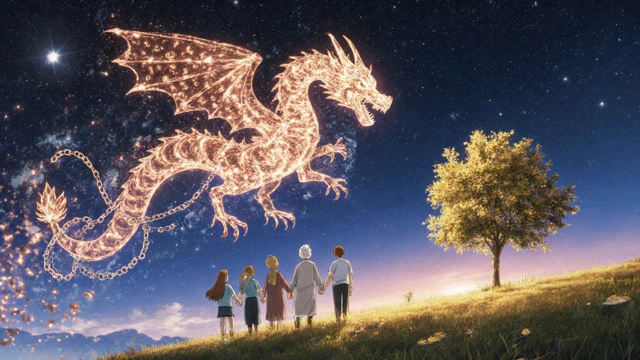 A copper dragon dissolving into mist as patients watch from a hillside at dawn.