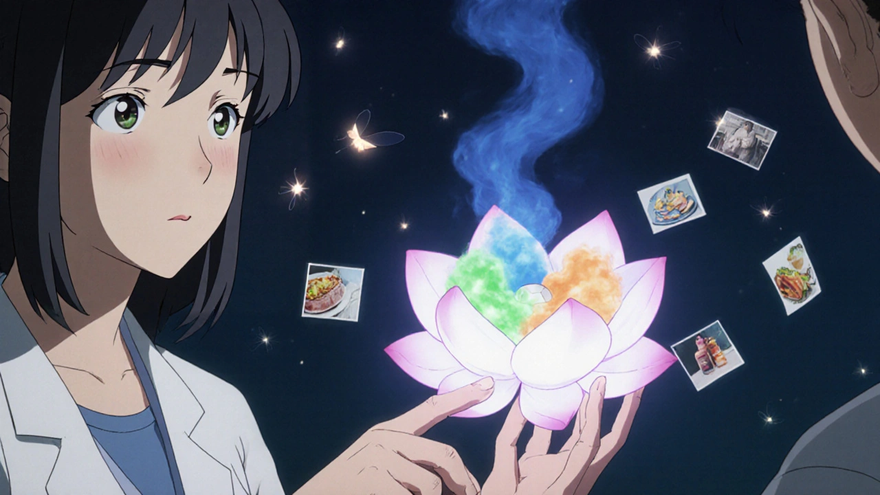 A doctor offers a glowing lotus-shaped scent tester as distorted colored mists rise, symbolizing lost senses and healing.