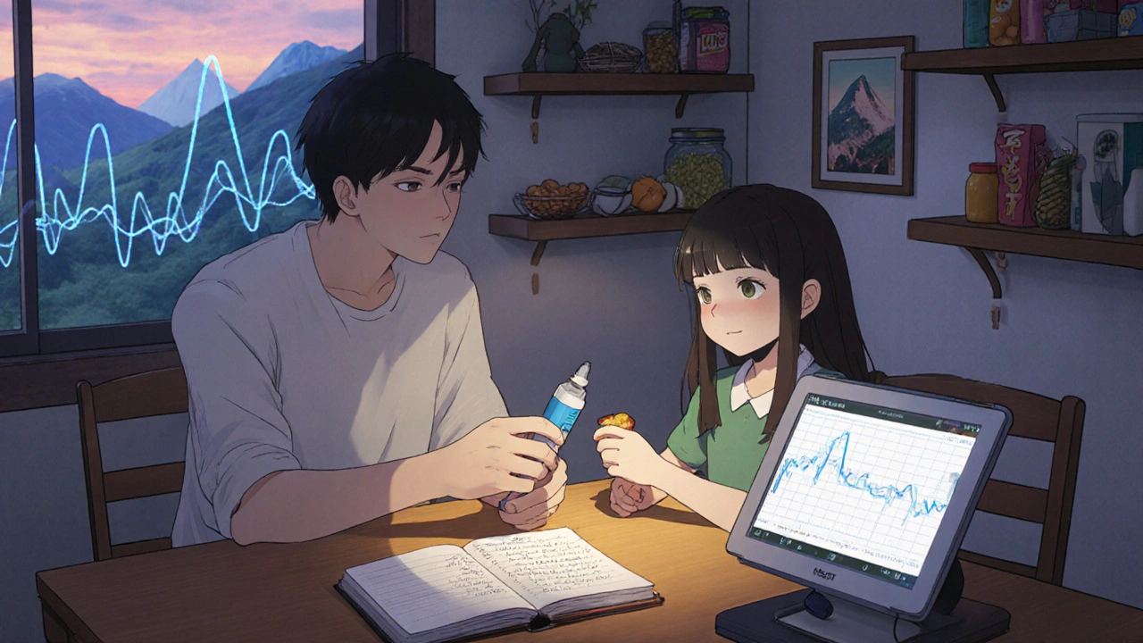 A father teaching his daughter to use a glucagon trainer at the kitchen table, with a blood sugar log and CGM display nearby.