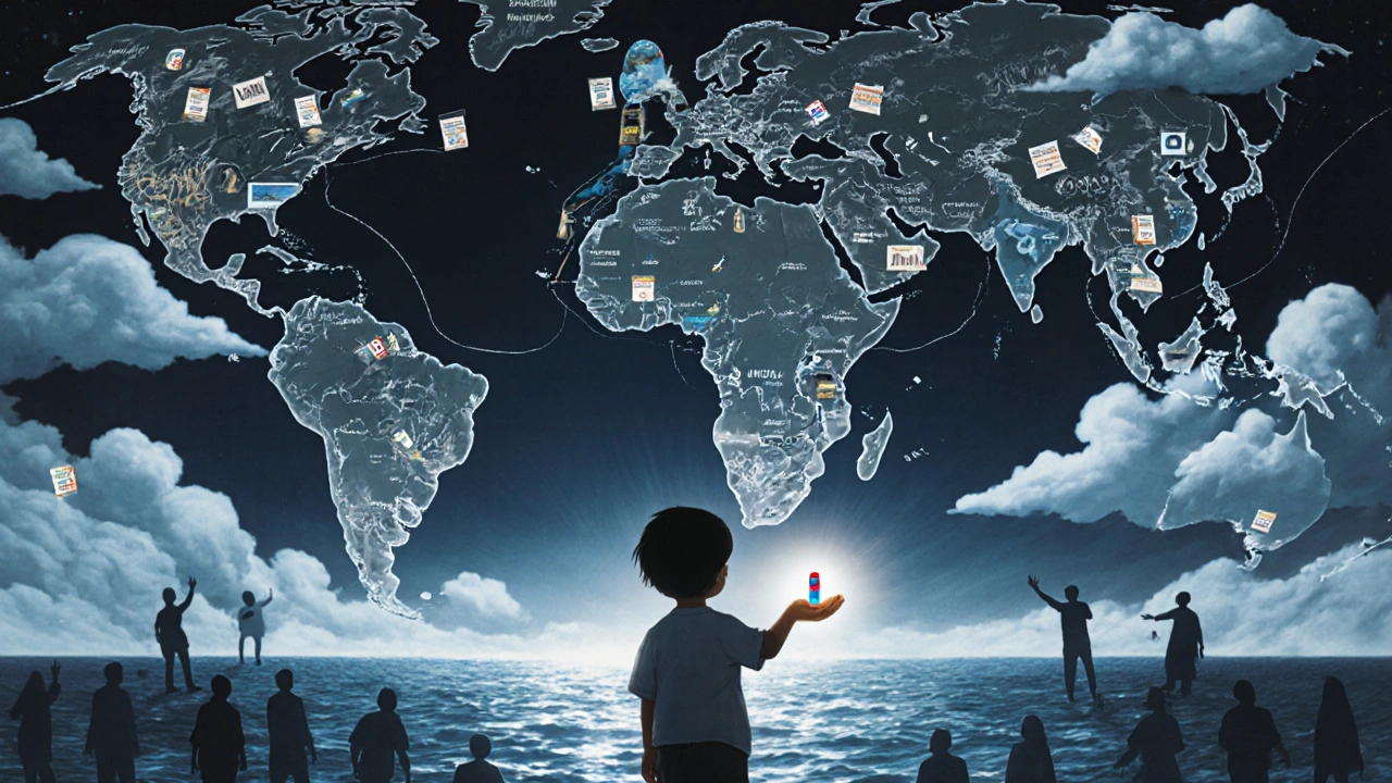 A floating global supply chain map with flickering factories and a child holding a glowing pill.
