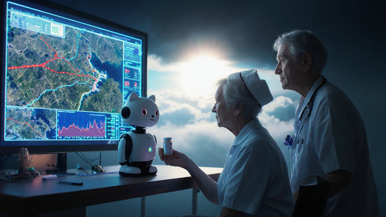 A futuristic health center dashboard with glowing data streams and a nurse giving medicine to an elderly patient.