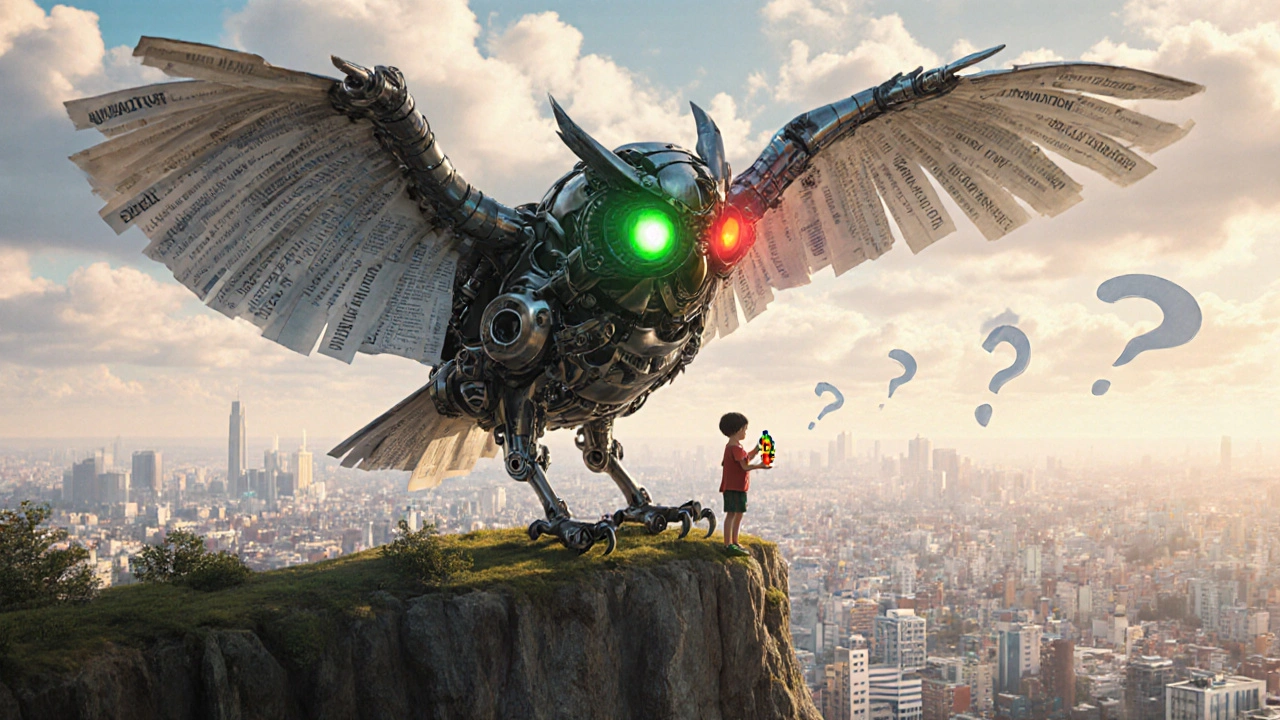 A giant owl with legal document wings watches over a city, glowing eyes symbolizing innovation and high cost.