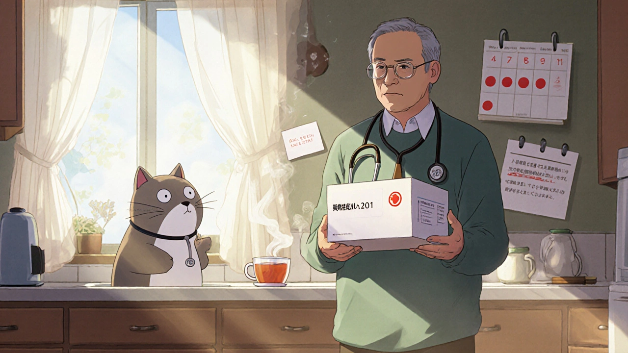 A man holds a 90-day medication box while a cat pharmacist watches in his sunlit kitchen.