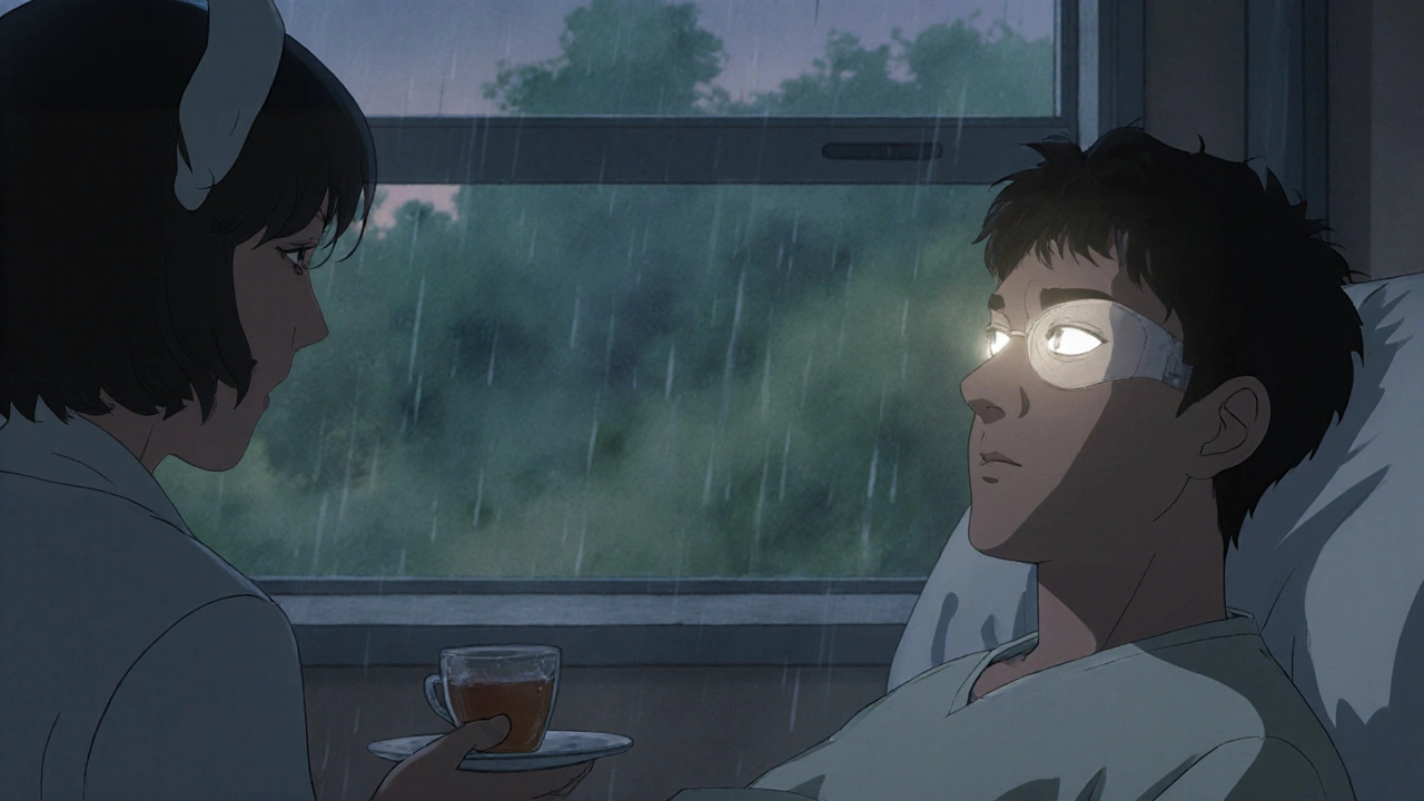 A man with bandage lens watching rain, new corneal tissue glowing softly.