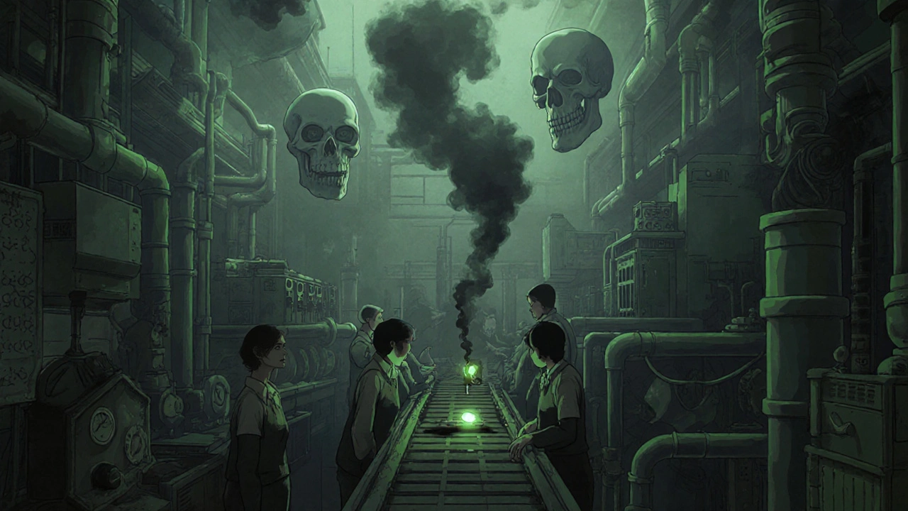 A misty foreign drug factory with ghostly patient figures above leaking machinery, in Studio Ghibli aesthetic.