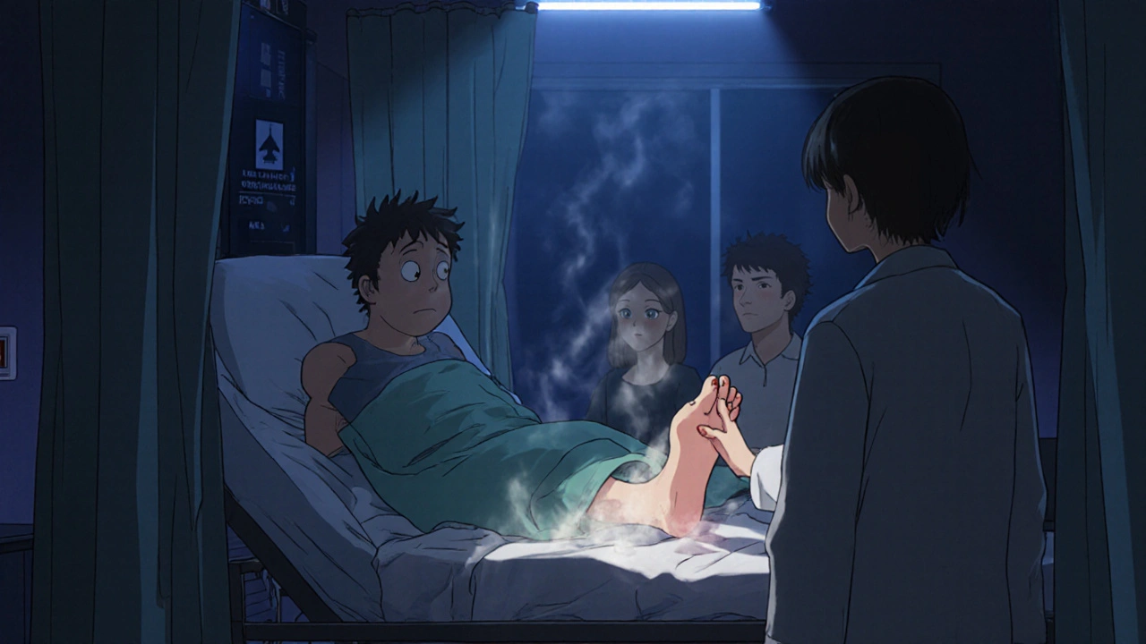 A patient in a hospital with rigid limbs and visible muscle spasms in their foot.