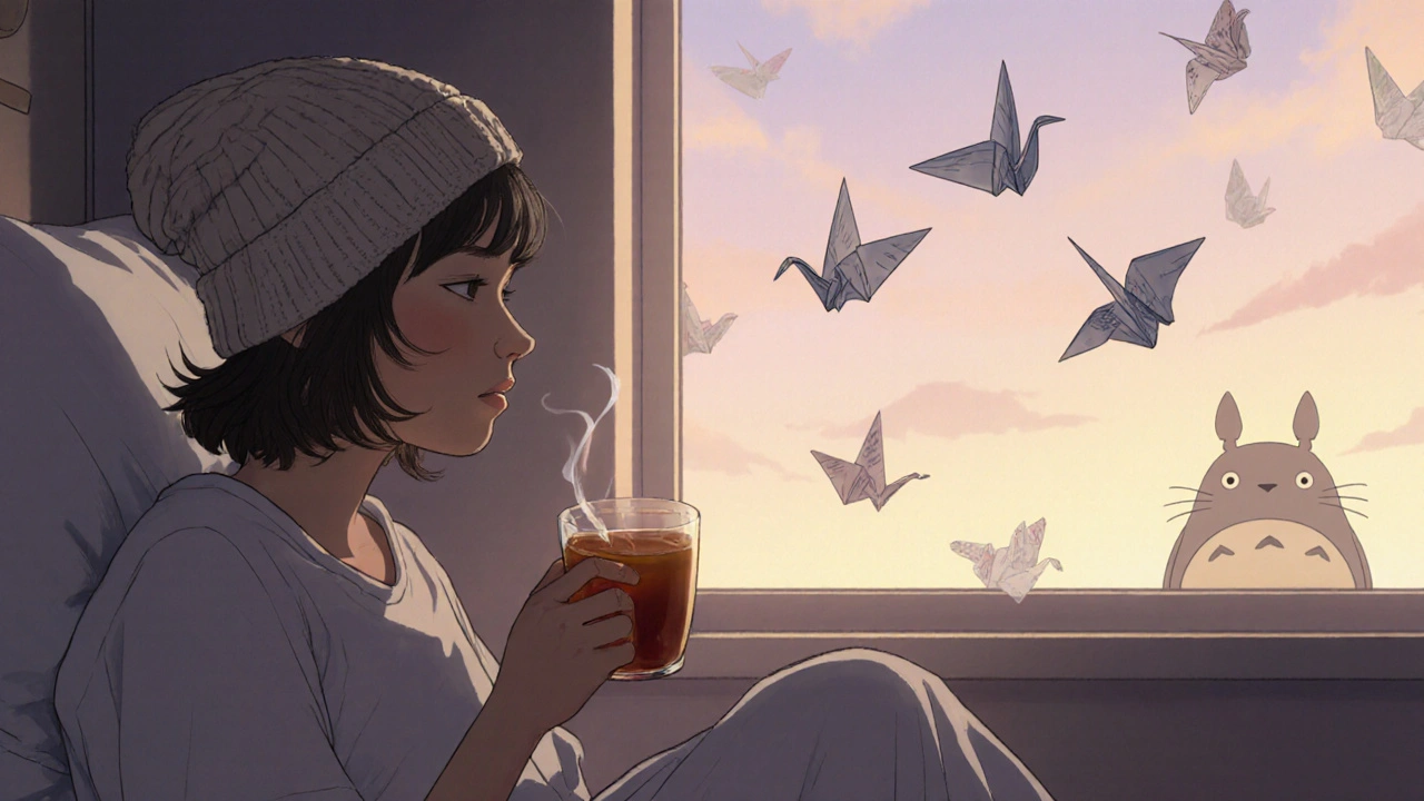 A patient sits by a window in a quiet hospital room, hair loss symbolized by floating paper cranes rising into the dawn sky.