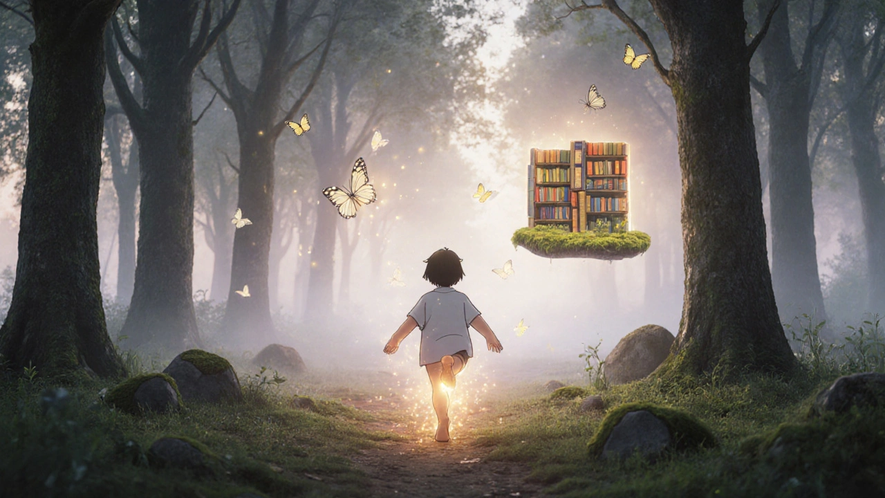 A person practicing yoga in a misty forest, surrounded by glowing butterflies and floating herbal books.