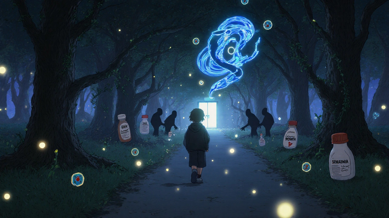 A person walking through a forest as glowing blue serotonin symbols surround them.