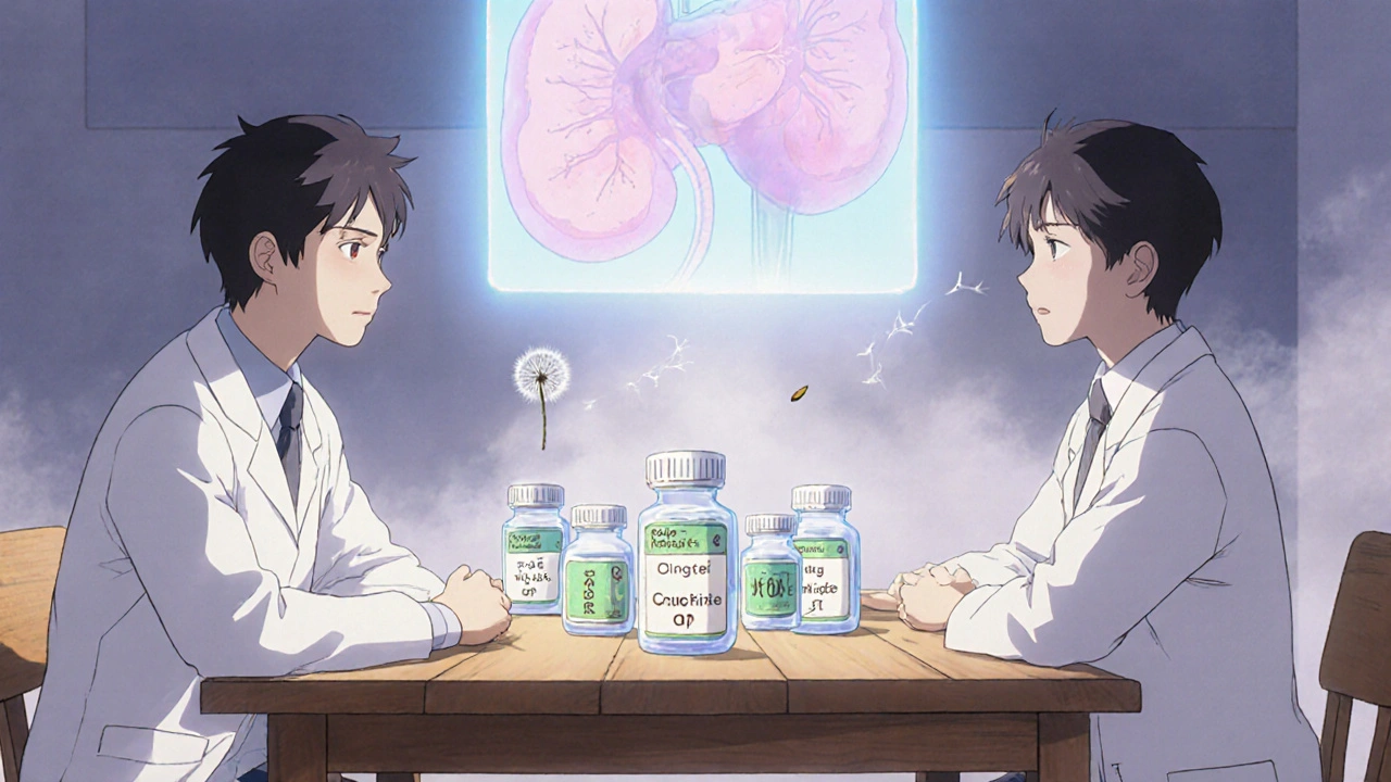 A pharmacist and patient at a table with floating medicine bottles and a glowing body map showing reduced organ function.